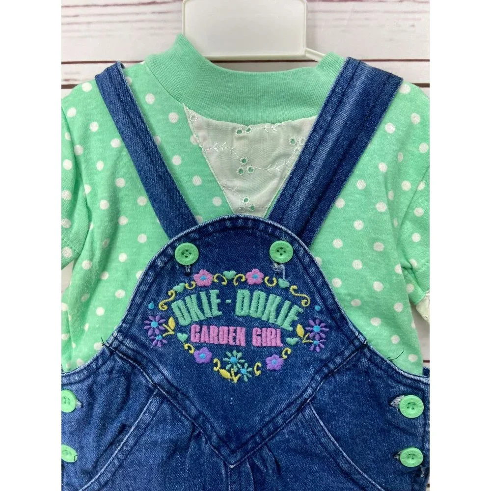 Okie‎ Dokie Garden Girl Blue Jeans Overalls With Green Polka Dotted Shirt Outfit